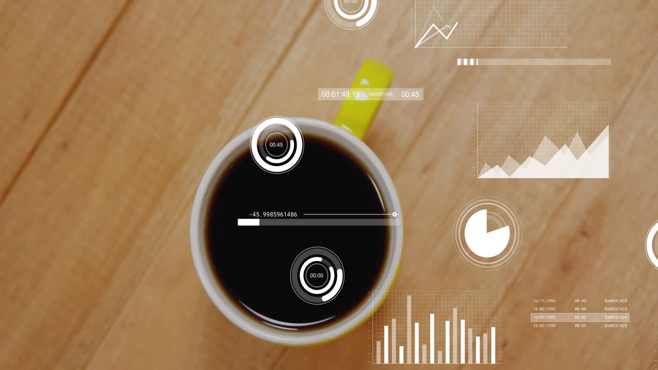 White ceramic coffee mug with yellow handle hovering overhead, showing digital HUD charts