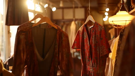 vintage dresses hanging in a warmly lit boutique