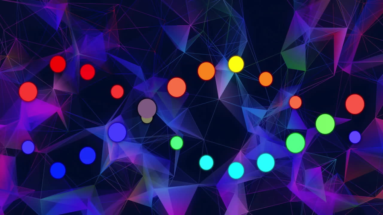 Animation of colourful spots over shapes on black background