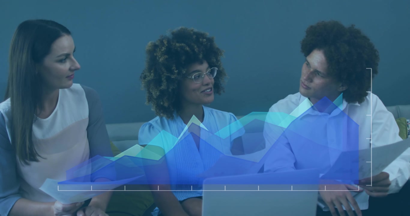 Animation of statistical data processing over diverse colleagues discussing together at office