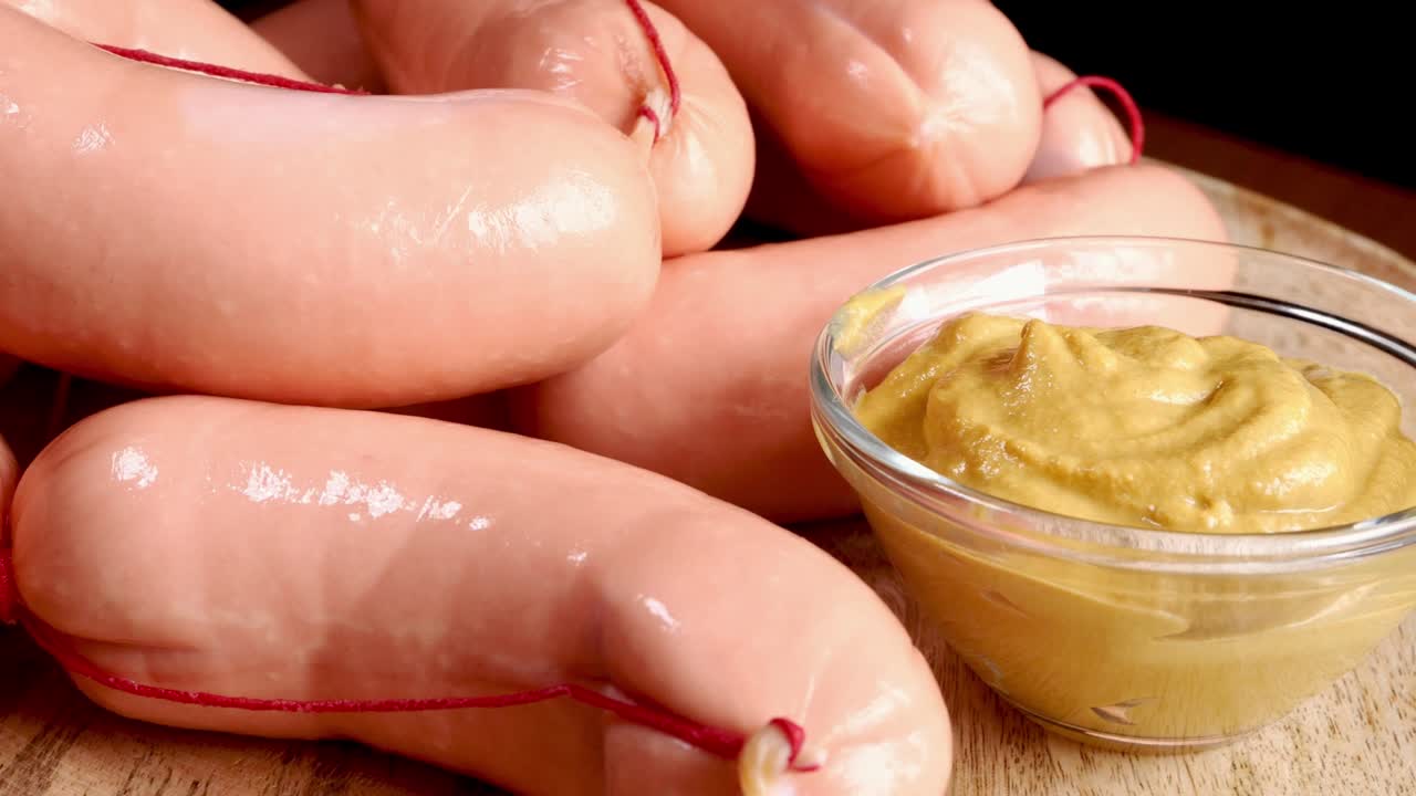 어두운 배경에서 절단판에 겨자와 함께 생 프랑크푸르터 소시지를 천천히 회전시니다.