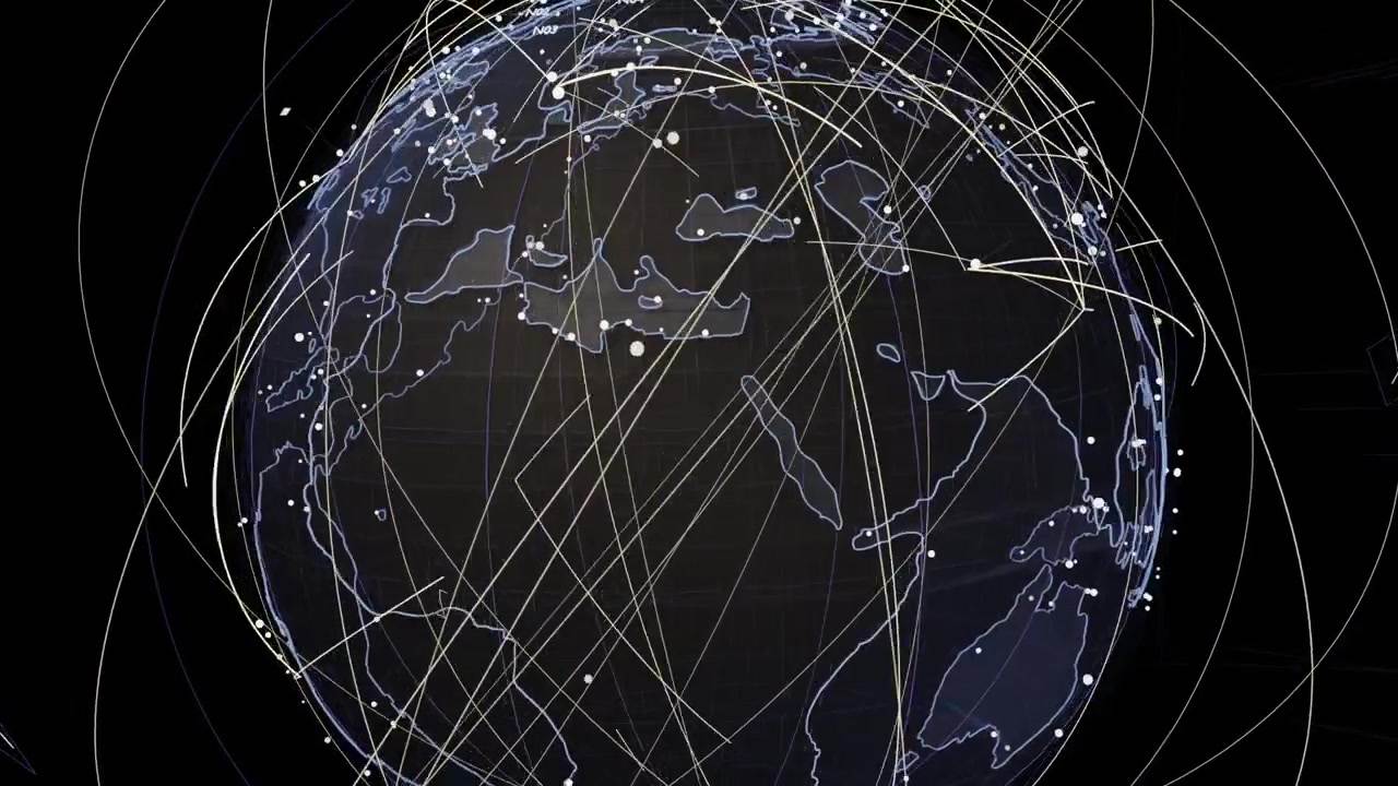 On node pulse globe rotating west, arcs orbiting and nodes pulsing, revealing net on transparent