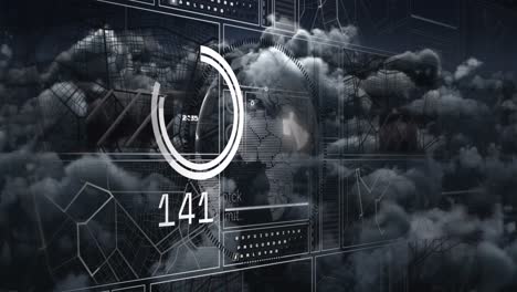 animation of globe with charts and data processing over dark cloudy sky