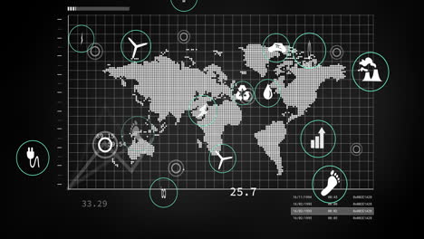 animation of world map with icons showing global energy sources and data analytics
