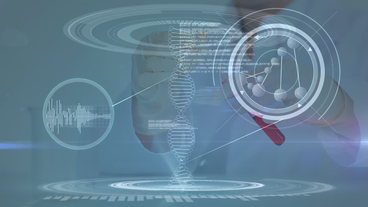 animación de la hilatura de la cadena de adn y el procesamiento de datos sobre una científica que sostiene un tubo de ensayo