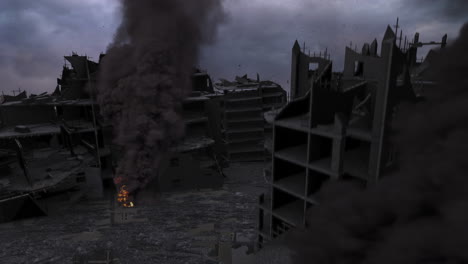 destroyed cityscape under a stormy sky