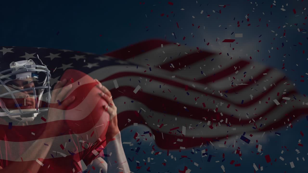Animazione di bandiera USA sventolante e coriandoli che cadono su un giocatore di football americano