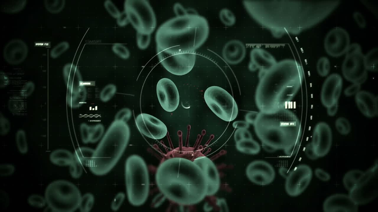 células virales generadas digitalmente y glóbulos rojos contra un fondo negro