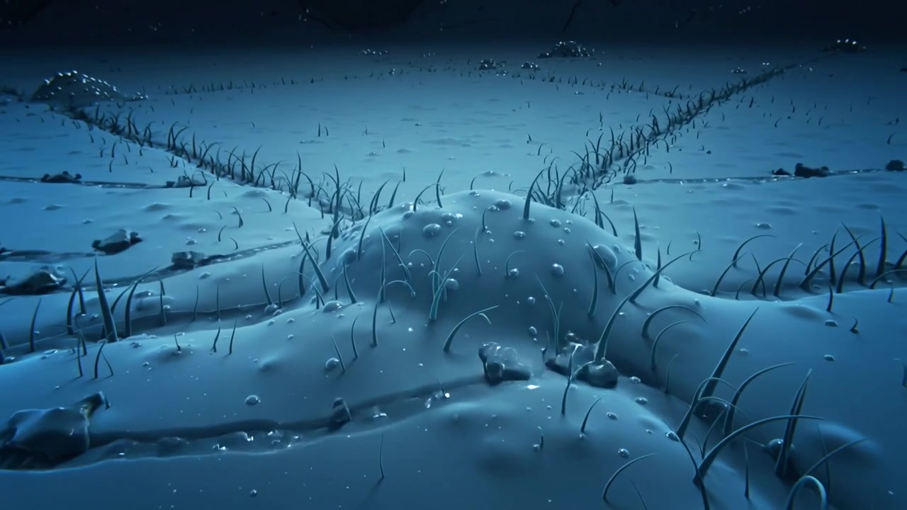 Moving camera revealing rounded dome-like mound on cool blue plain, showing droplets and channels
