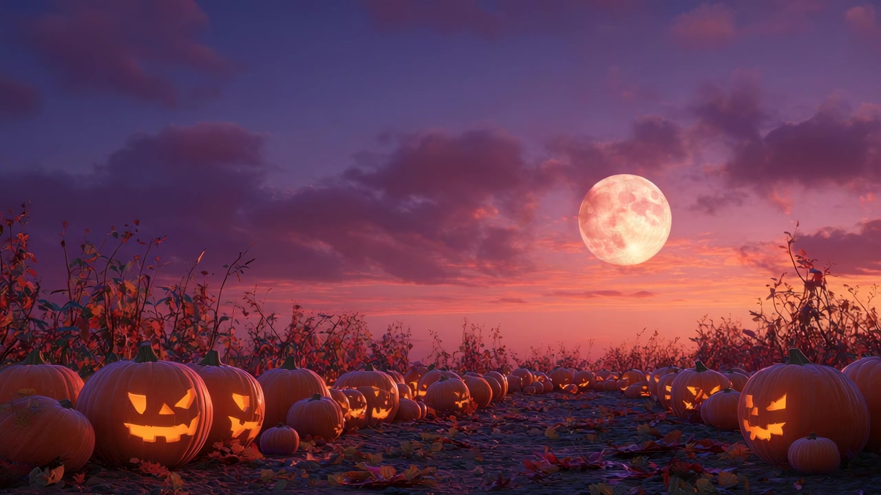 Jack-o'-lantern luminose in un campo di zucche sotto una luna piena