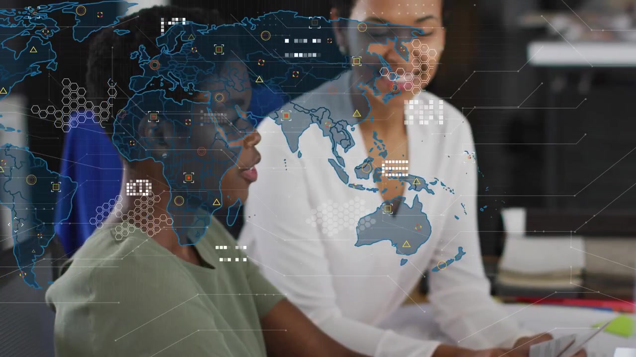 Animation of world map over diverse business people talking