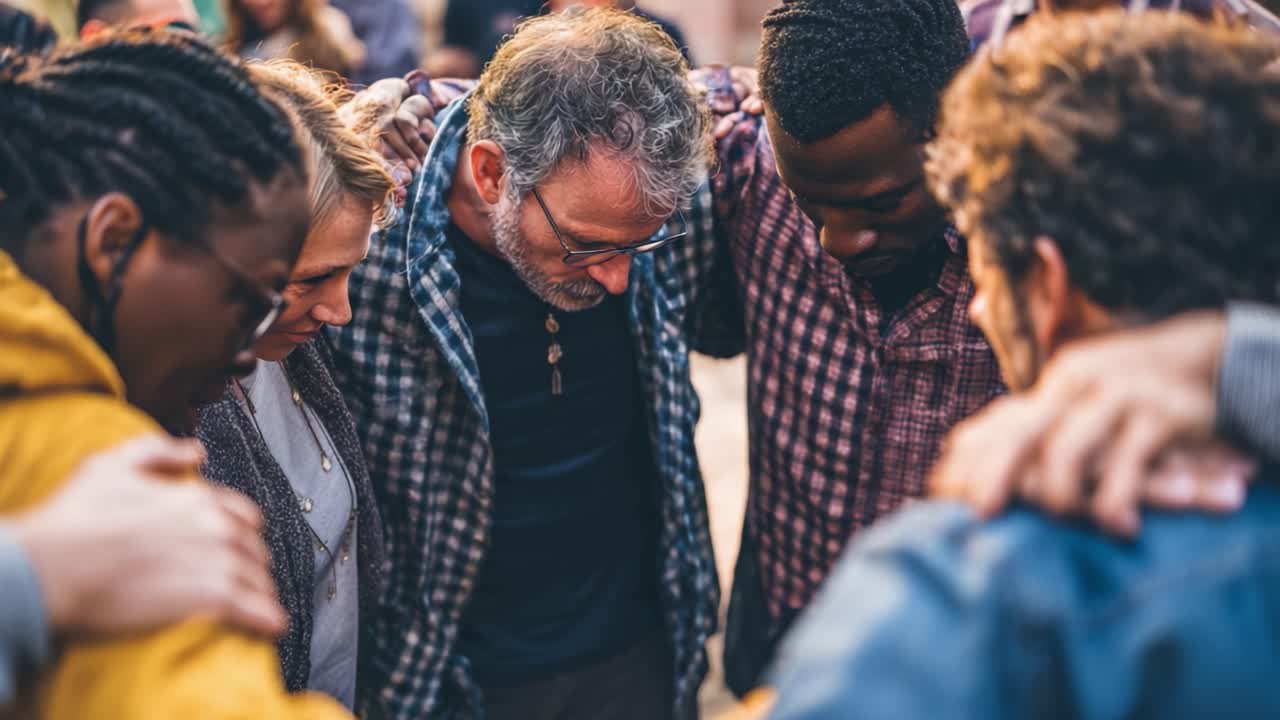 A Group of Diverse Individuals Engaged in Prayer, Fostering Unity and Spiritual Connection in a Supportive Atmosphere Through Shared Moments of Reflection and Community Support Amid a Vibrant Gathering