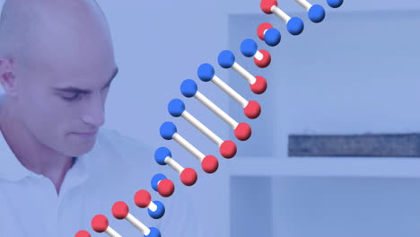 dna strand animation over person in white shirt in room