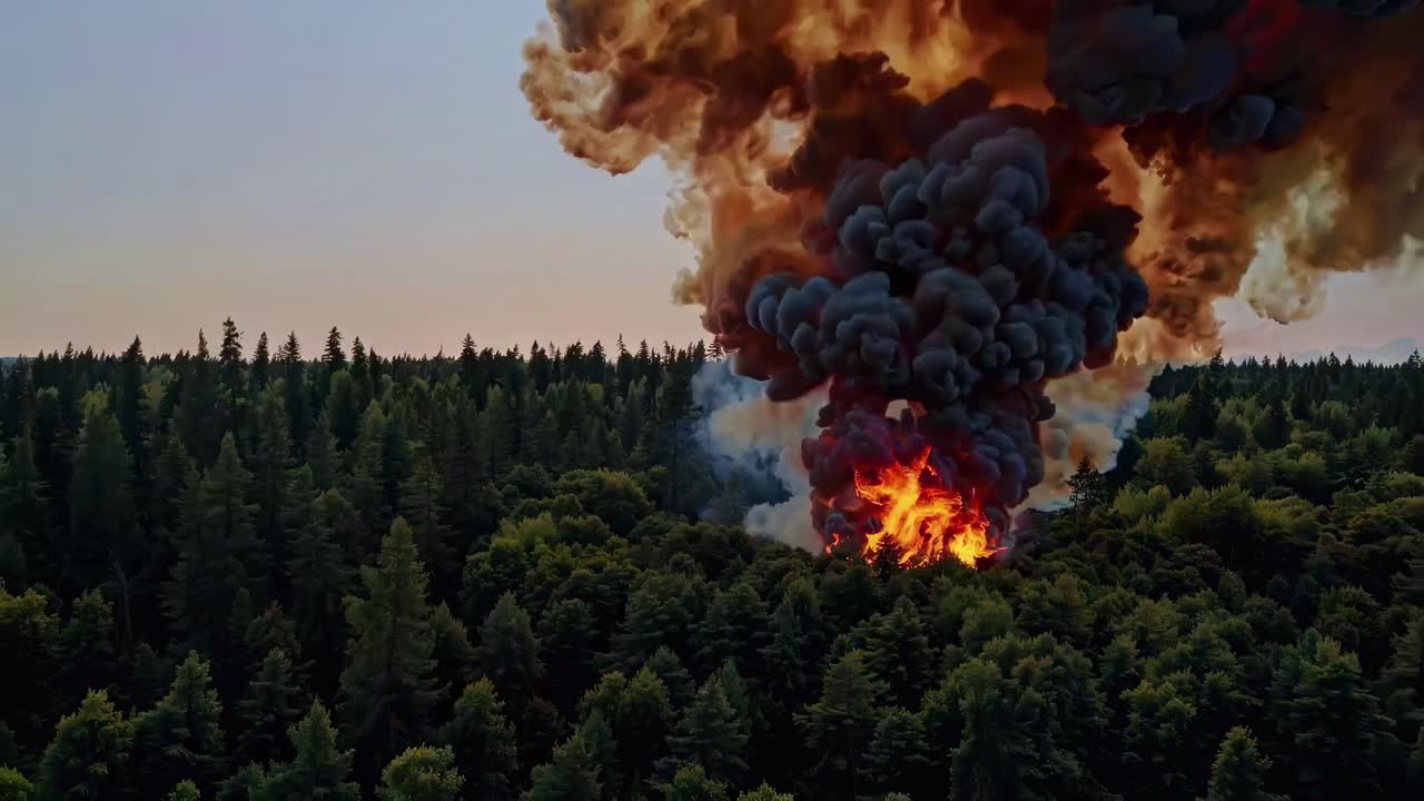 Aerial video captures a dramatic forest fire with towering flames and thick smoke