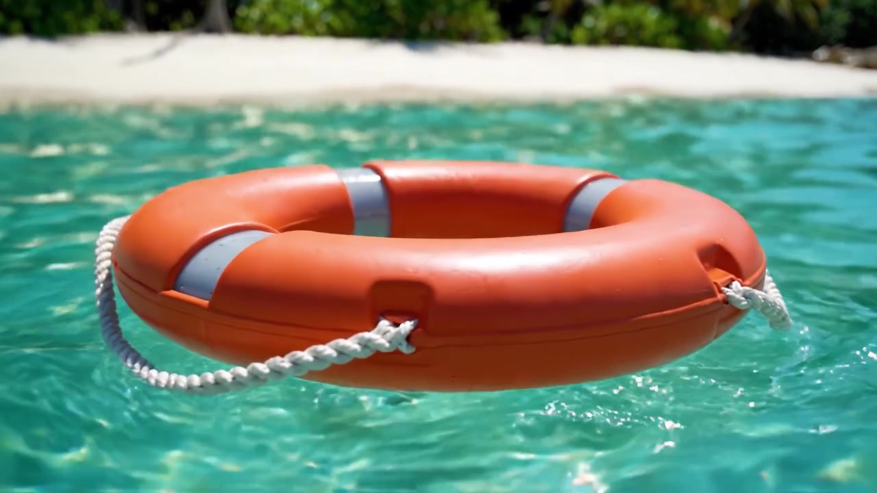 A Bright Orange Lifebuoy Floating in Crystal Clear Tropical Waters with a Serene Beach and Lush Greenery in the Background, Evoking a Relaxing Summer Vibe