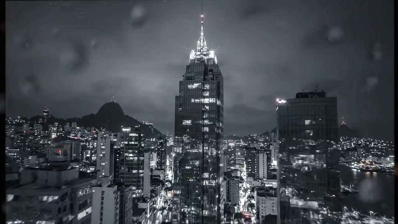 Paisaje urbano nocturno que muestra una ciudad bulliciosa con rascacielos y tráfico iluminados por calles empapadas por la lluvia, capturando la energía dinámica de la vida urbana.
