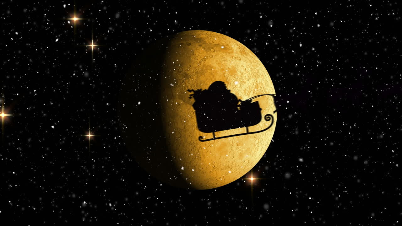 Babbo Natale su una slitta trainata da renne contro stelle splendenti e la luna nel cielo notturno