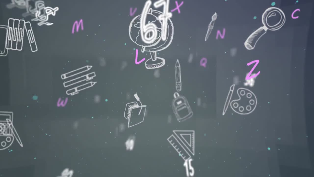 Animazione di icone multiple di articoli scolastici, numeri e lettere che si muovono su sfondo grigio