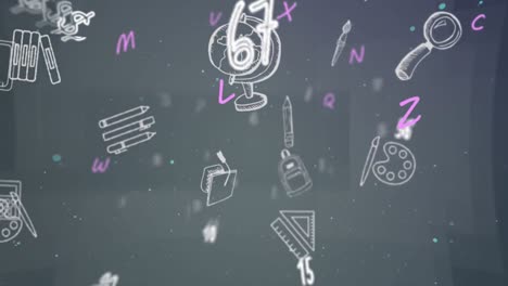 animación de múltiples iconos de artículos escolares, números y letras que se mueven sobre un fondo gris