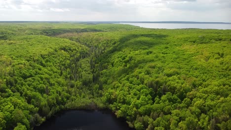 aerial of small lake and forest - pictured rocks national lakeshore - chapel lake - michigan