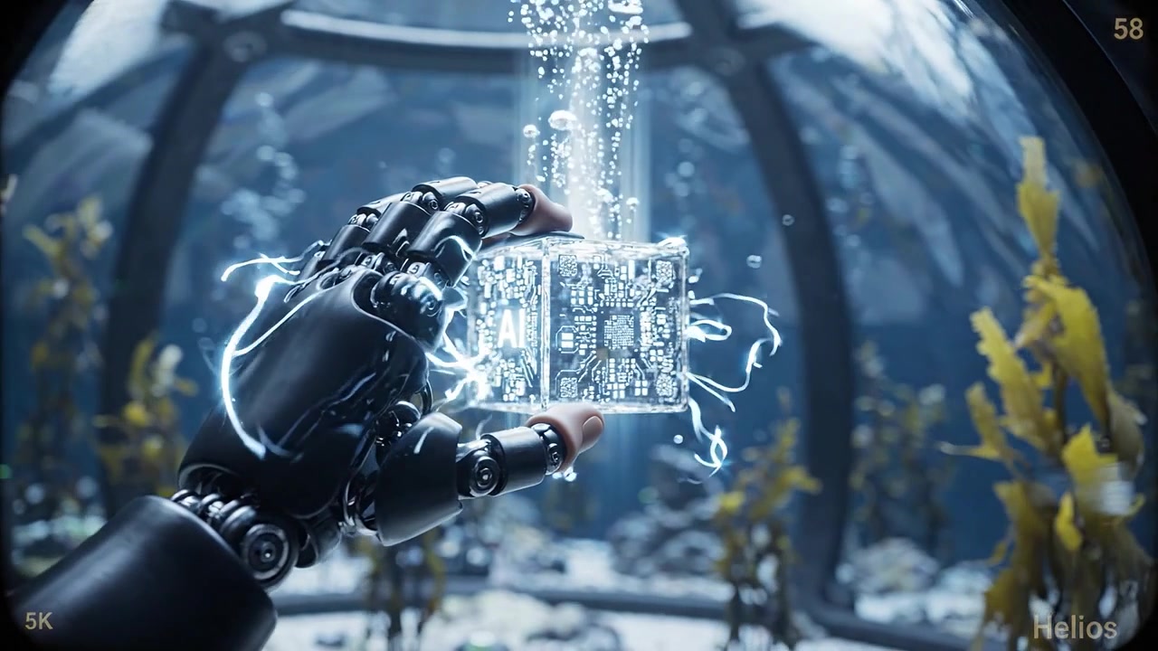 A robotic hand holds a glowing circuit board submerged underwater, showcasing technology's connection to the depths of innovation in a mysterious aquatic setting.