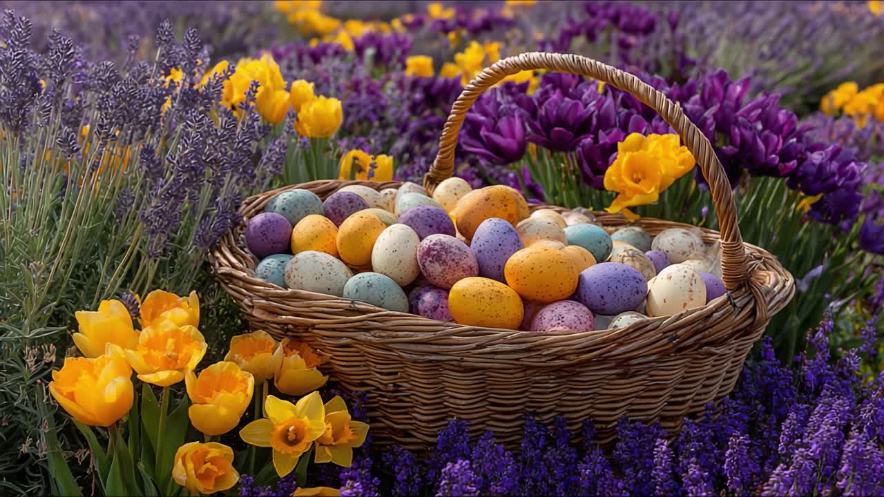 A Beautiful Easter Basket Overflowing with Colorful Speckled Eggs Surrounded by Vibrant Blooms of Lavender, Daffodils, and Purple Flowers in a Lush Spring Garden