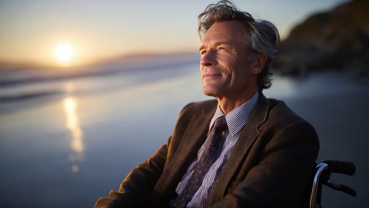 A contemplative man in a wheelchair enjoys a serene sunset at the beach, reflecting on life's journey with a peaceful expression and a stunning backdrop