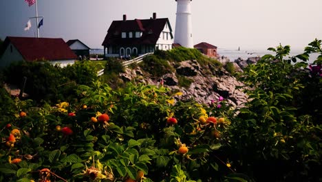 historic portland headlight lighthouse in maine with rosehips from flowers in the foregroumd