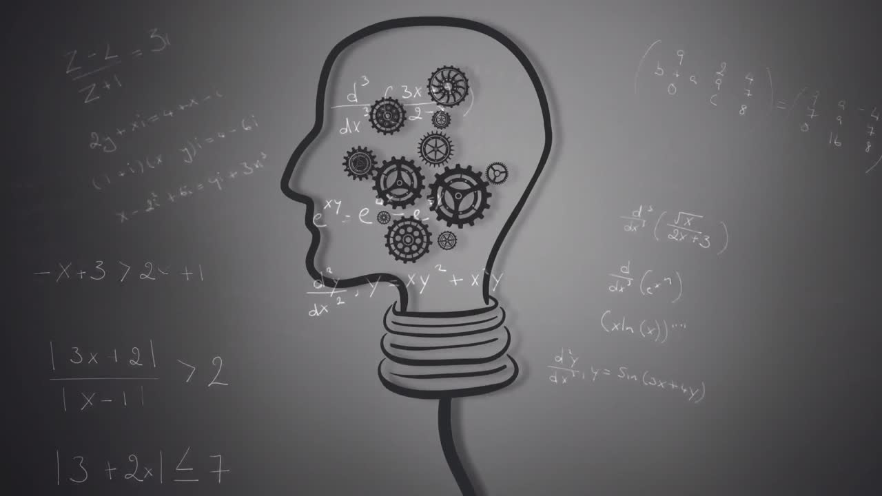 Animation of light bulb with human head and cogs over mathematical equations