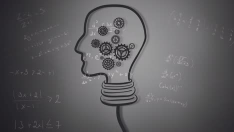 animation of light bulb with human head and cogs over mathematical equations