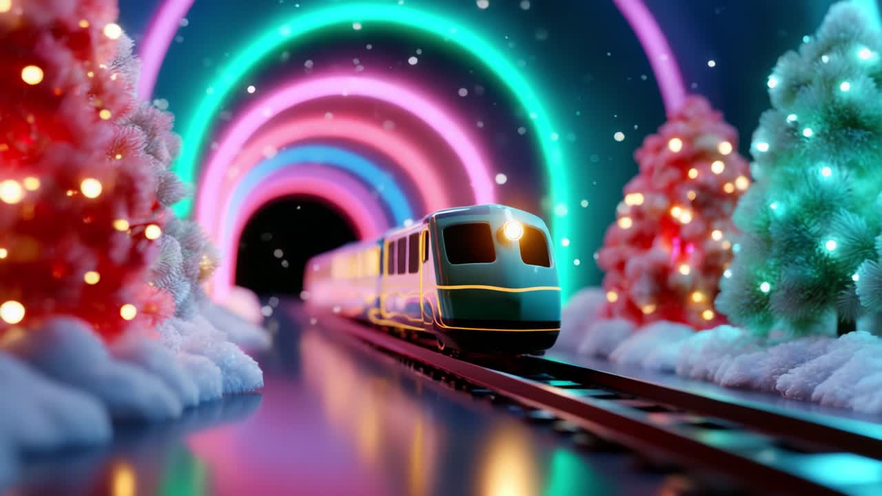 A captivating train journeys through a whimsical holiday wonderland, adorned with vibrant lights and colorful trees, creating a magical ambiance that invites viewers into a festive dreamscape of joy