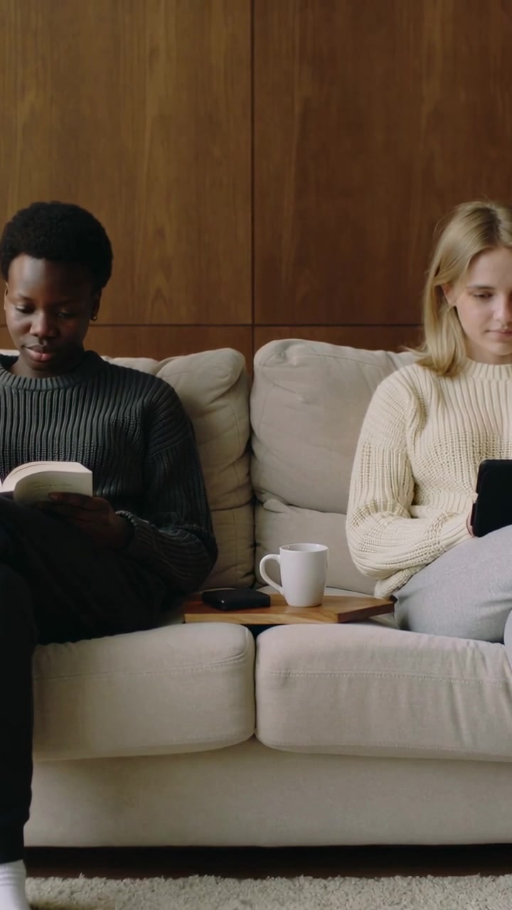 Vertical video: Relaxing couple in sweaters, man flipping book on sofa, woman tapping tablet by mug