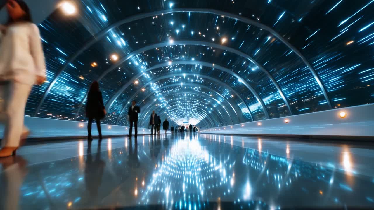 A Stunning Visual Journey Through a Futuristic Tunnel Illuminated by Bright LED Lights and Reflective Surfaces, Showcasing People Walking and Creating a Sense of Dynamic Motion in a Modern Urban Environment