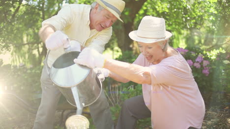 mancha de luz contra la pareja de ancianos caucásicos regando plantas juntos en el jardín