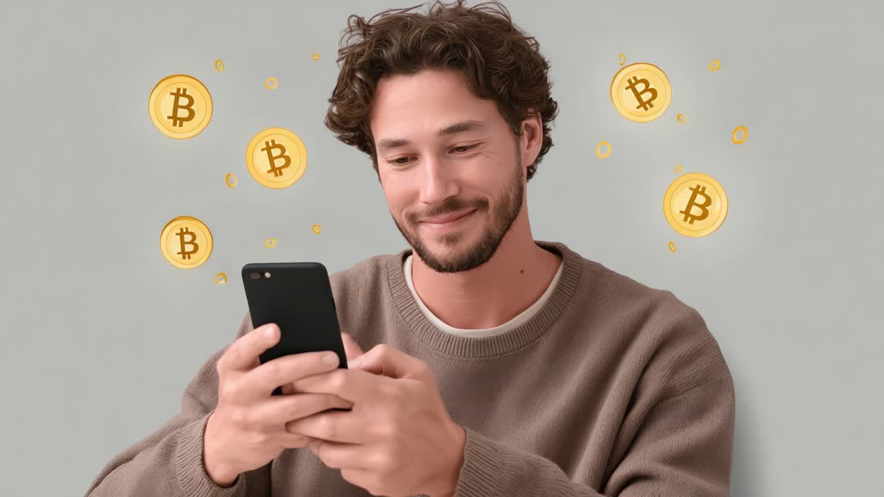 A Young Man Engages with Cryptocurrency as Bitcoin Icons Surround Him, Capturing the Excitement of Digital Currency in a Modern Setting