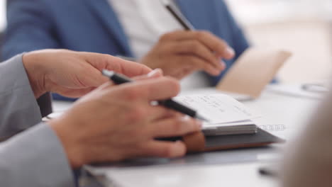 Business-woman,-hands-and-notebook-with-pen