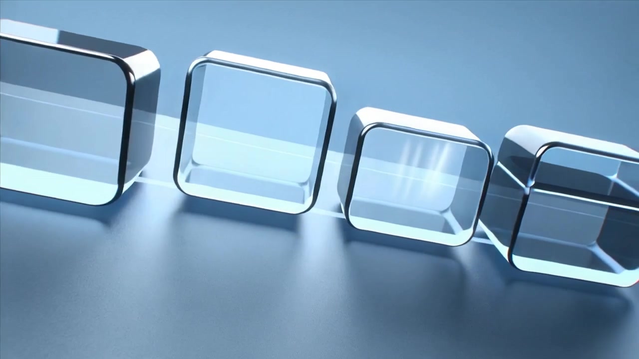 Sliding hollow glass blocks rotating on metal blue floor, aligning on lit strip as camera panning