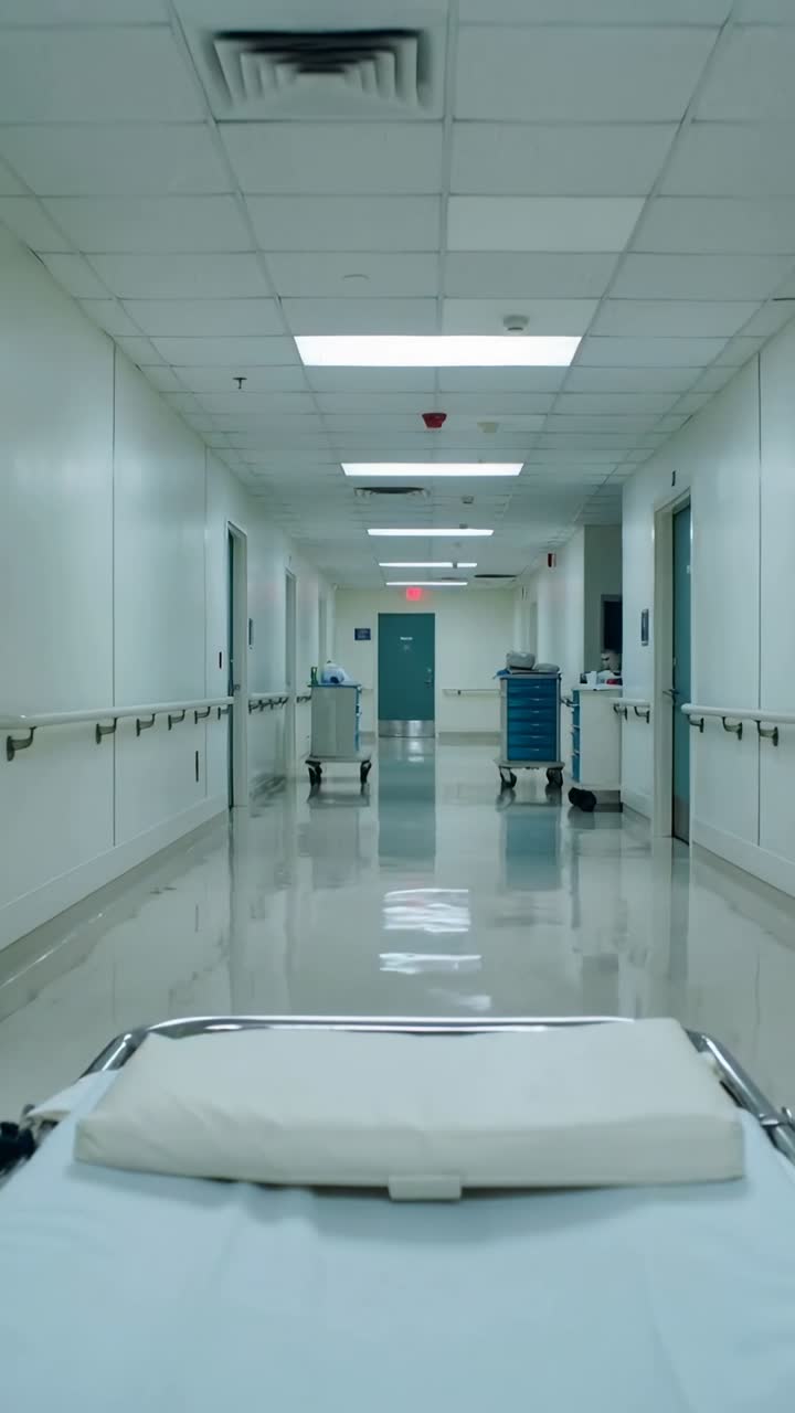 Video verticale: Barella in movimento con il personale che la spinge lungo un corridoio d'ospedale, oltre un carrello blu, verso l'uscita.