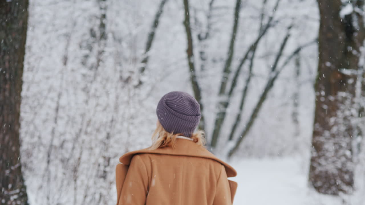 mujer feliz disfruta de un paseo en el parque de invierno
