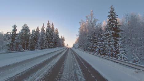 winter driving pov through scenic forest landscape with dazzling sunlight