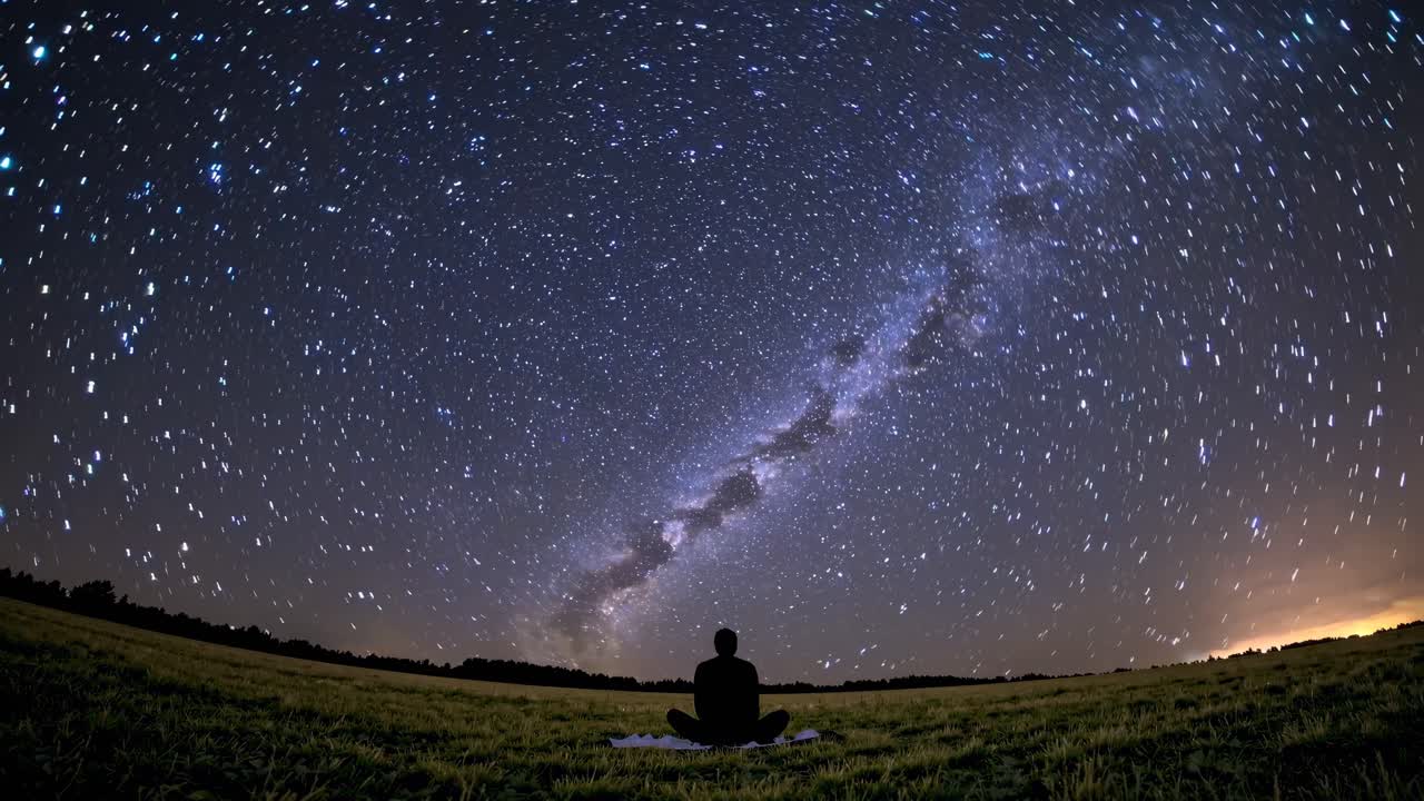 A mesmerizing night sky time-lapse video with a fisheye lens angle, capturing a silhouette seated