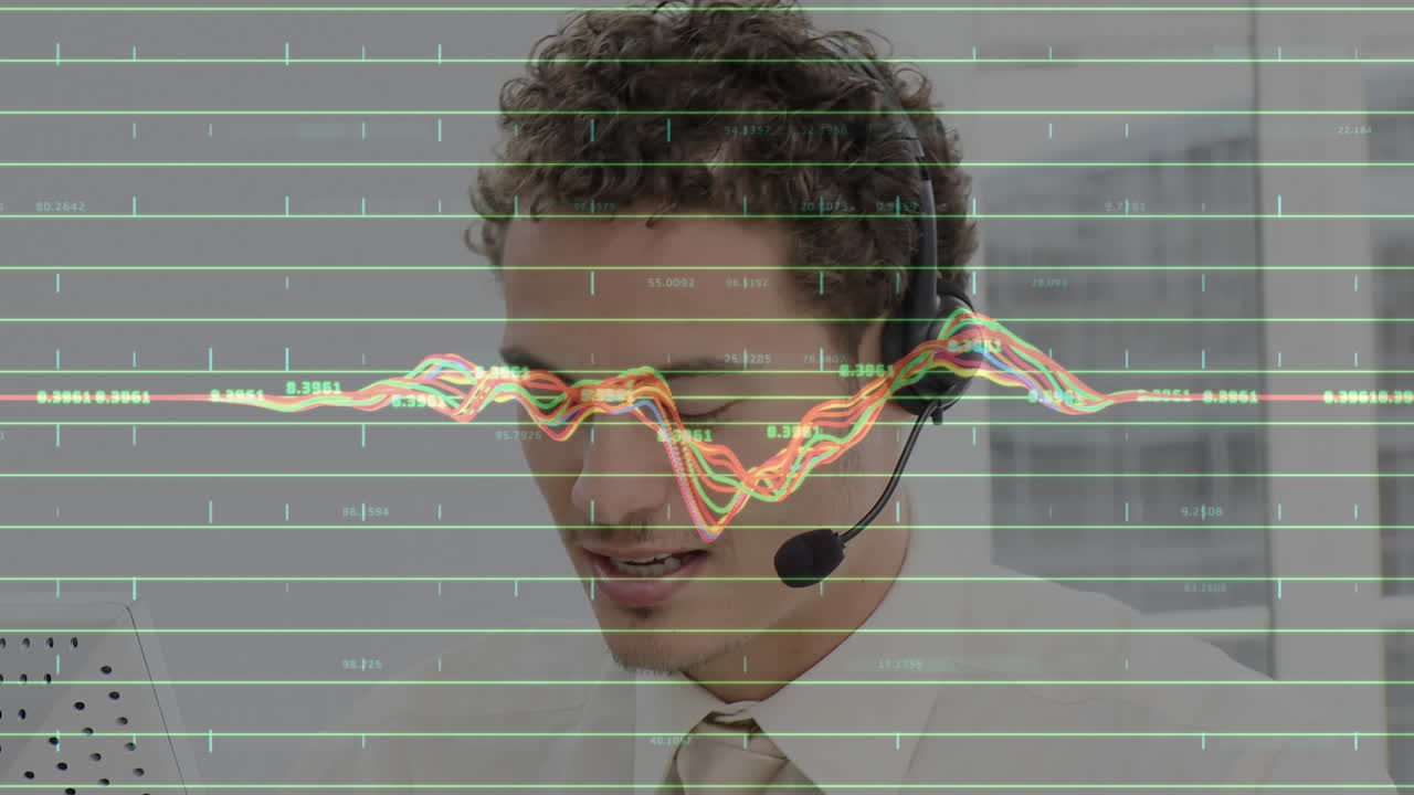 Animazione di elaborazione dati su uomo d'affari che utilizza cuffie telefoniche