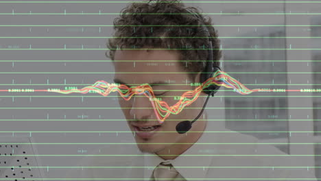 animation of data processing over businessman using phone headsets