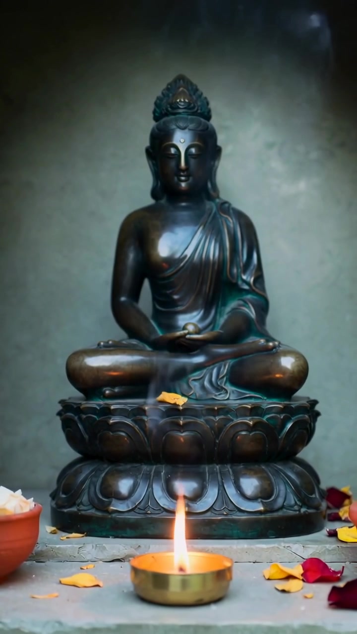 Video verticale: La telecamera si allontana rivelando una statua di bronzo su un altare con una lampada e petali per il culto.