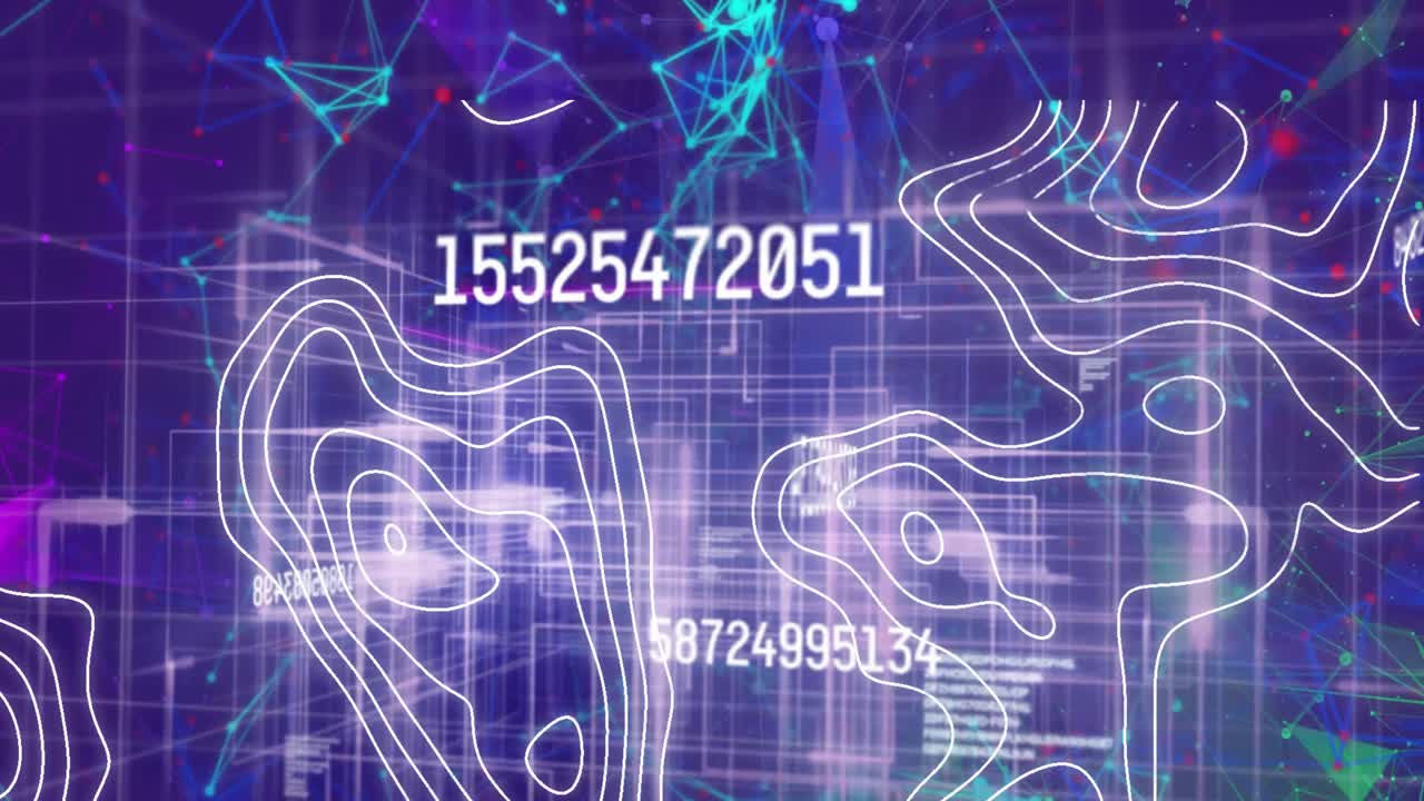 Animation of numbers changing and data processing over white lines