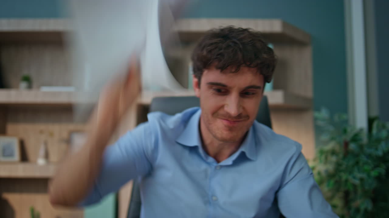 Emotional businessman arguing online pov view. Closeup nervous boss video call