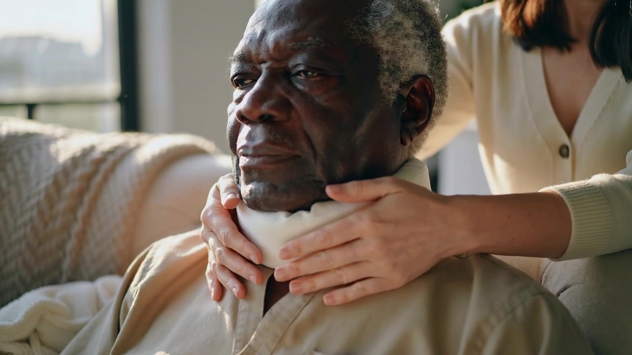 Reaching back caregiver fitting cervical collar on senior man in tan shirt at home