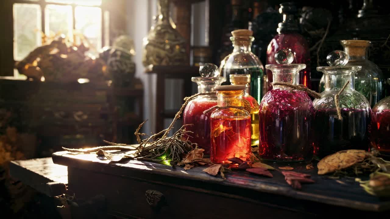 A mystical video scene with potion bottles on a wooden table, captured at a low angle, bathed