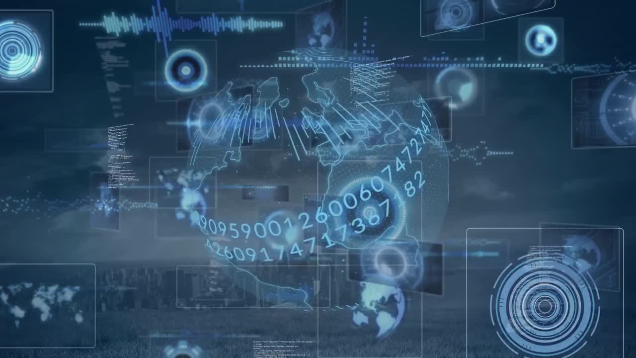 composición del procesamiento de datos en pantallas en todo el mundo con números y paisaje urbano