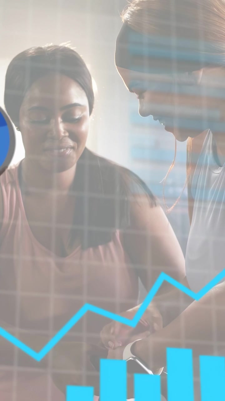 Vertical video: Client holding wrist, coach fitting band in gym for health data, blue charts rising